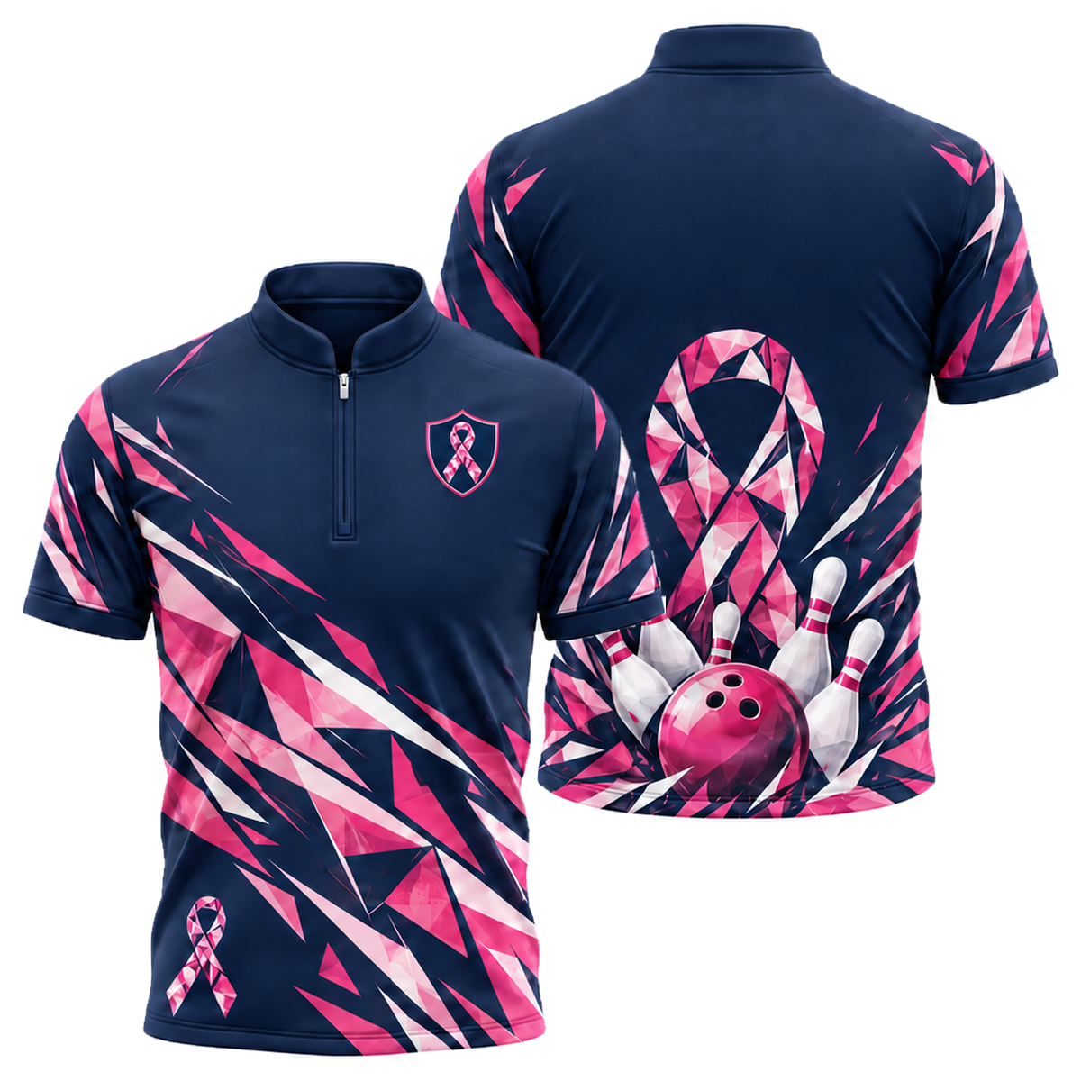 Pink Ribbon Shatter Bowling Jersey in Pink & Navy
