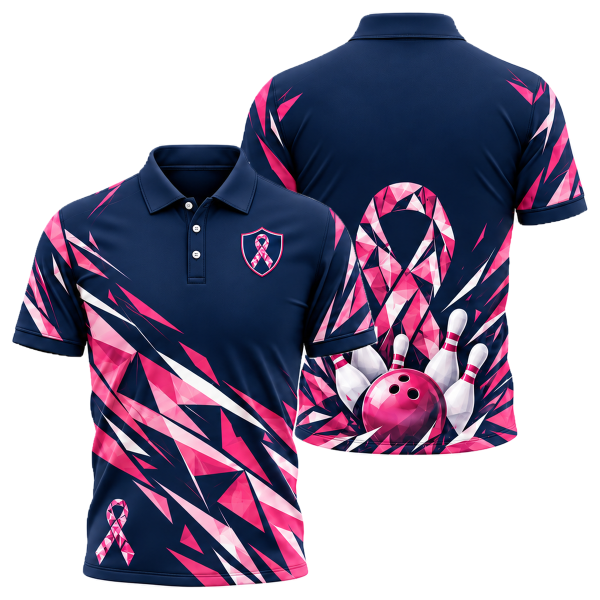 Pink Ribbon Shatter Unisex Polo in Pink & Navy
