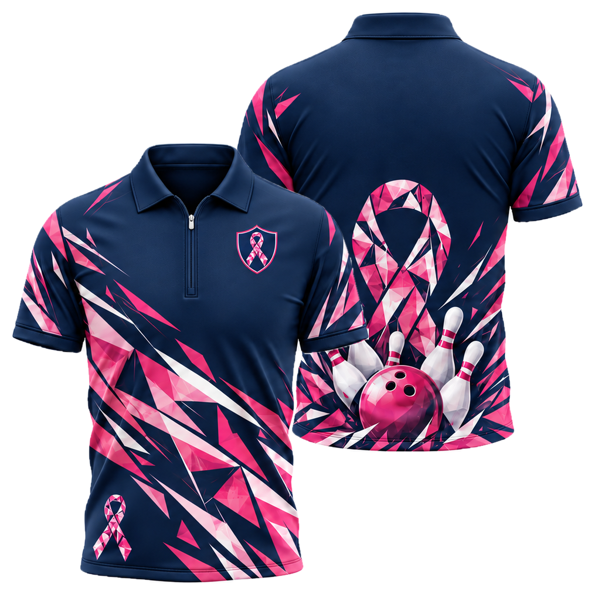Pink Ribbon Shatter Quarter-Zip Polo in Pink & Navy