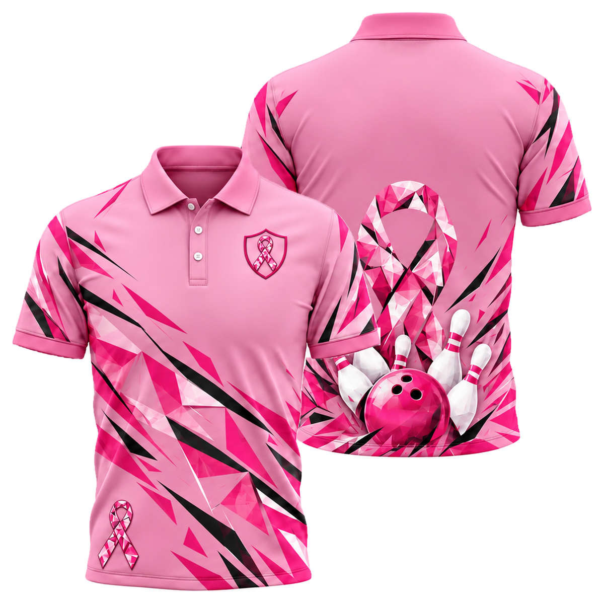 Pink Ribbon Shatter Unisex Polo in Pink & White