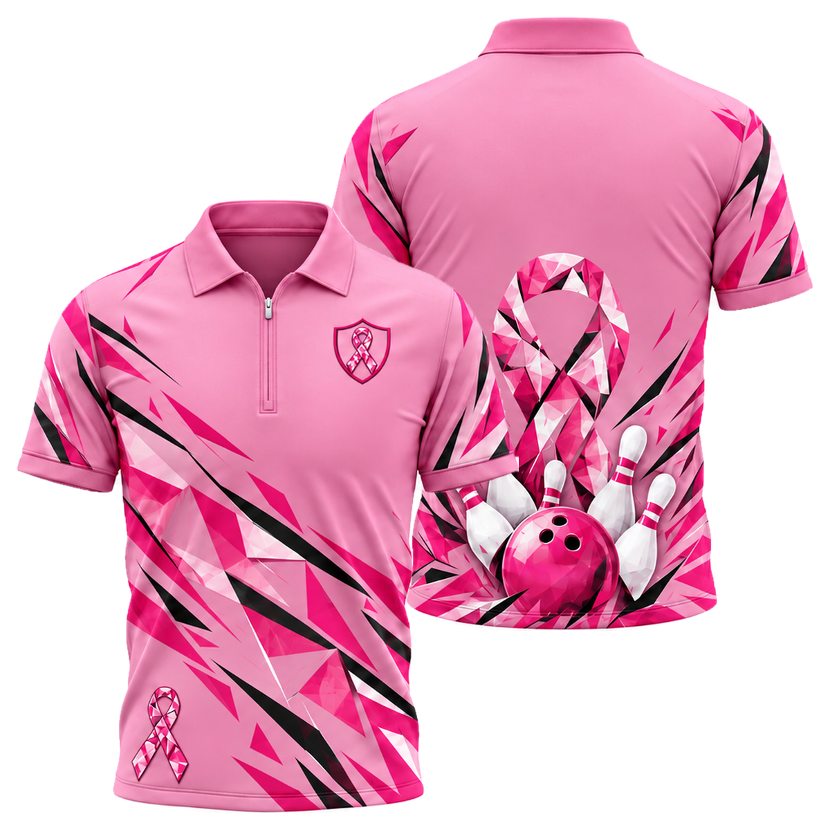 Pink Ribbon Shatter Quarter-Zip Polo in Pink & White
