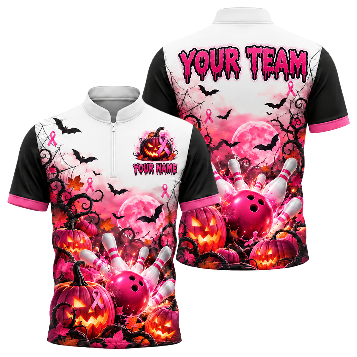 Pink Pumpkin Strike custom bowling shirt personalized with name and team name