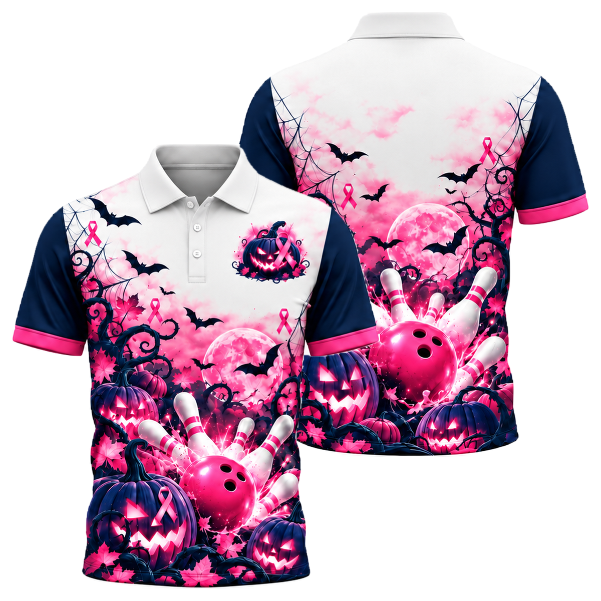 Pink Pumpkin Strike Unisex Polo in Pink & Navy