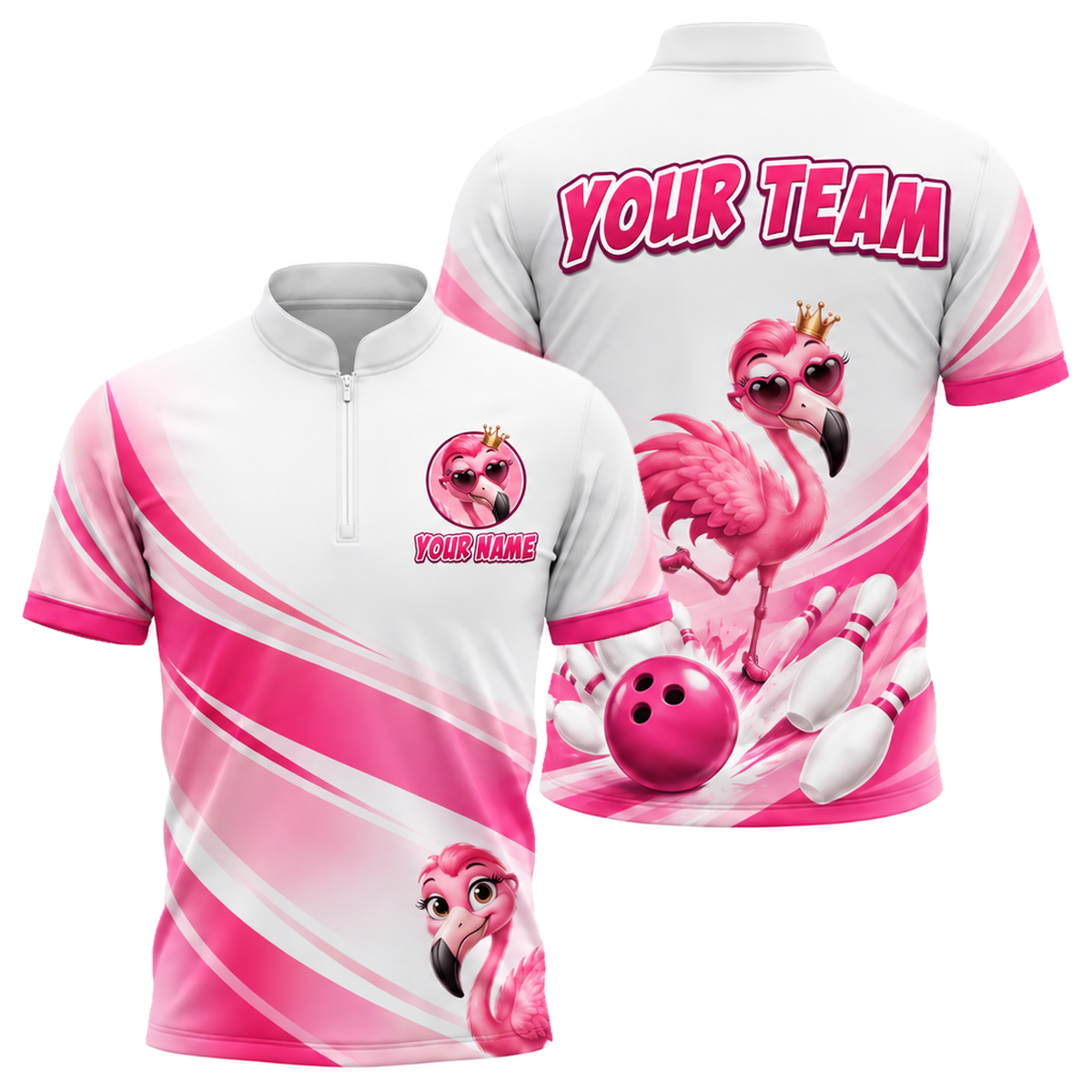 Flamingo Queen Strike custom bowling shirt personalized with name and team name