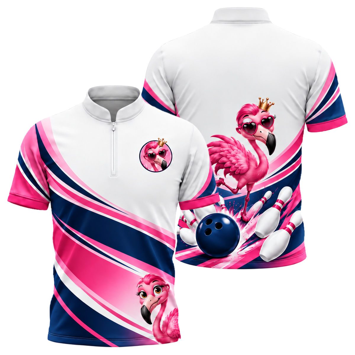Flamingo Queen Strike Bowling Jersey in Pink & Navy
