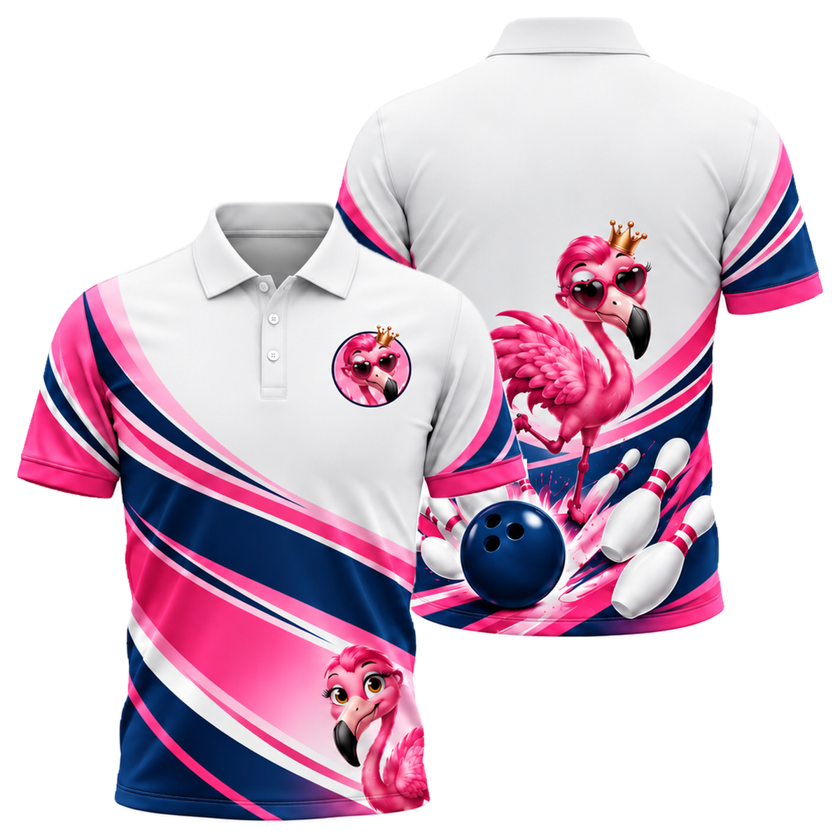 Flamingo Queen Strike Unisex Polo in Pink & Navy