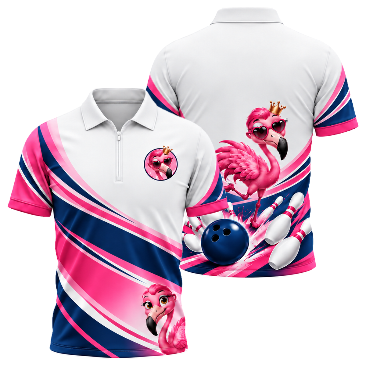 Flamingo Queen Strike Quarter-Zip Polo in Pink & Navy