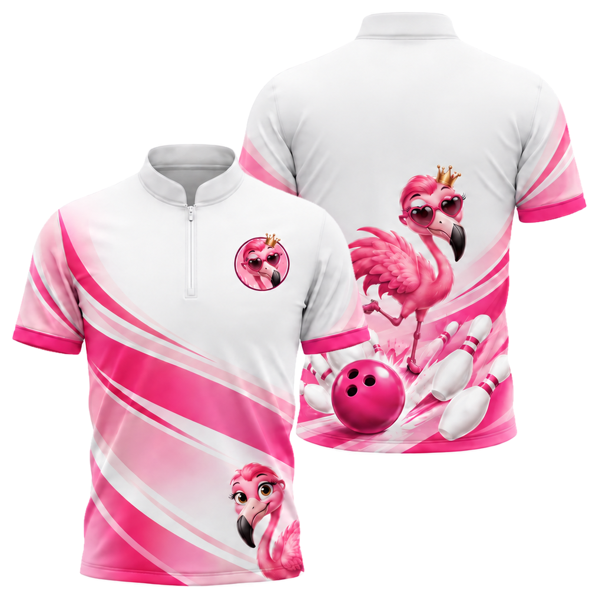 Flamingo Queen Strike Bowling Jersey in Pink & White