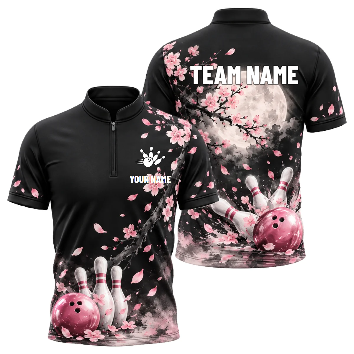 Moonlit Sakura Strike custom bowling shirt personalized with name and team name