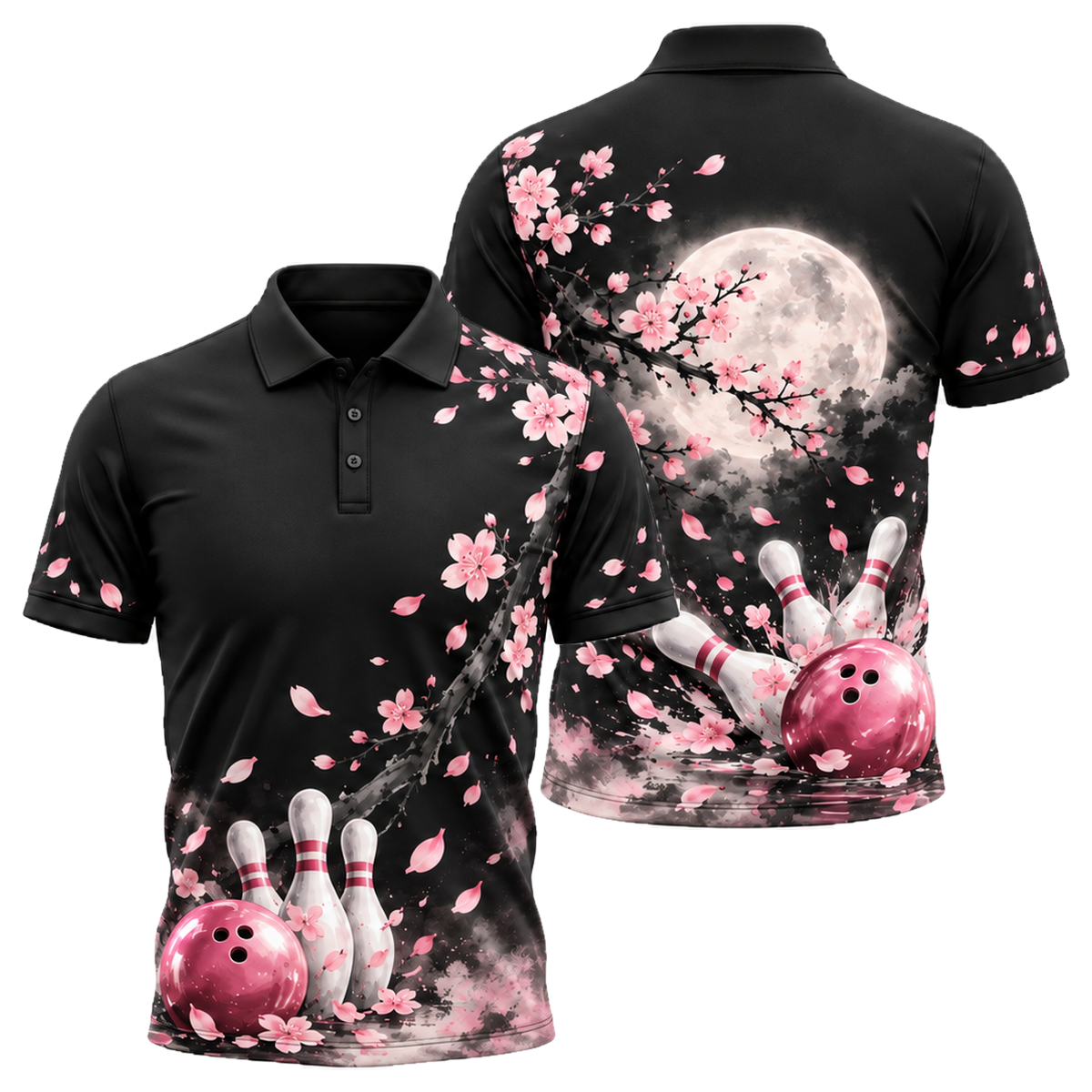 Moonlit Sakura Strike Unisex Polo in Pink & Black