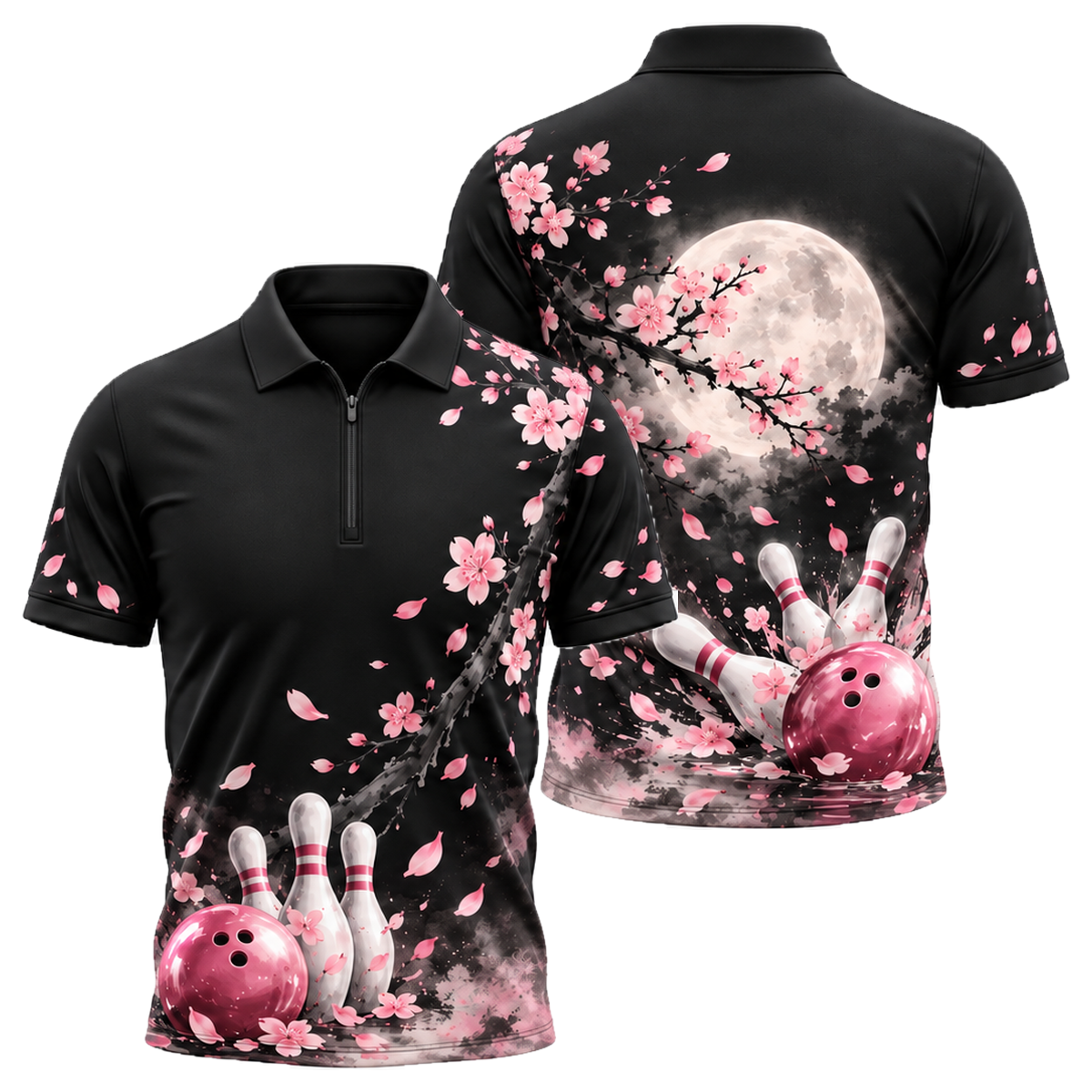Moonlit Sakura Strike Quarter-Zip Polo in Pink & Black