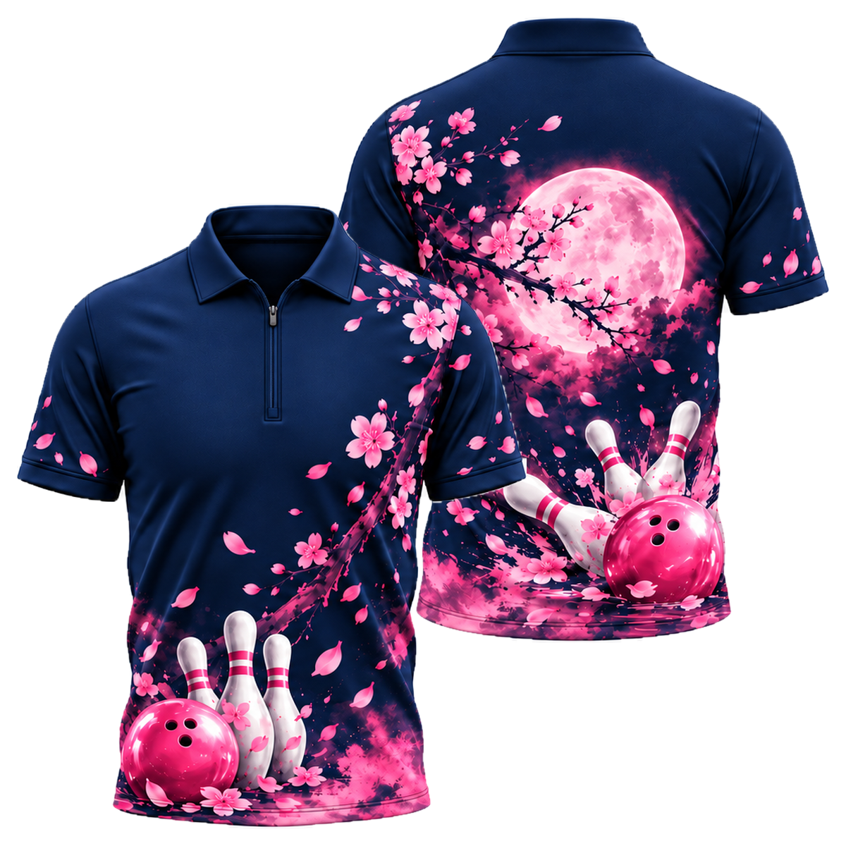 Moonlit Sakura Strike Quarter-Zip Polo in Pink & Navy