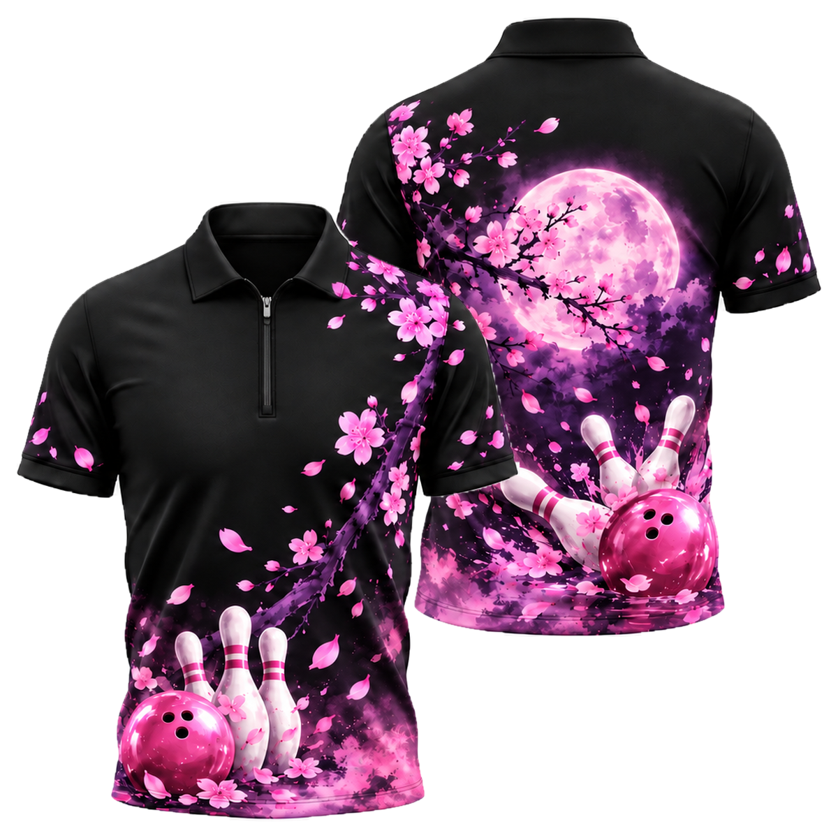 Moonlit Sakura Strike Quarter-Zip Polo in Pink & Purple