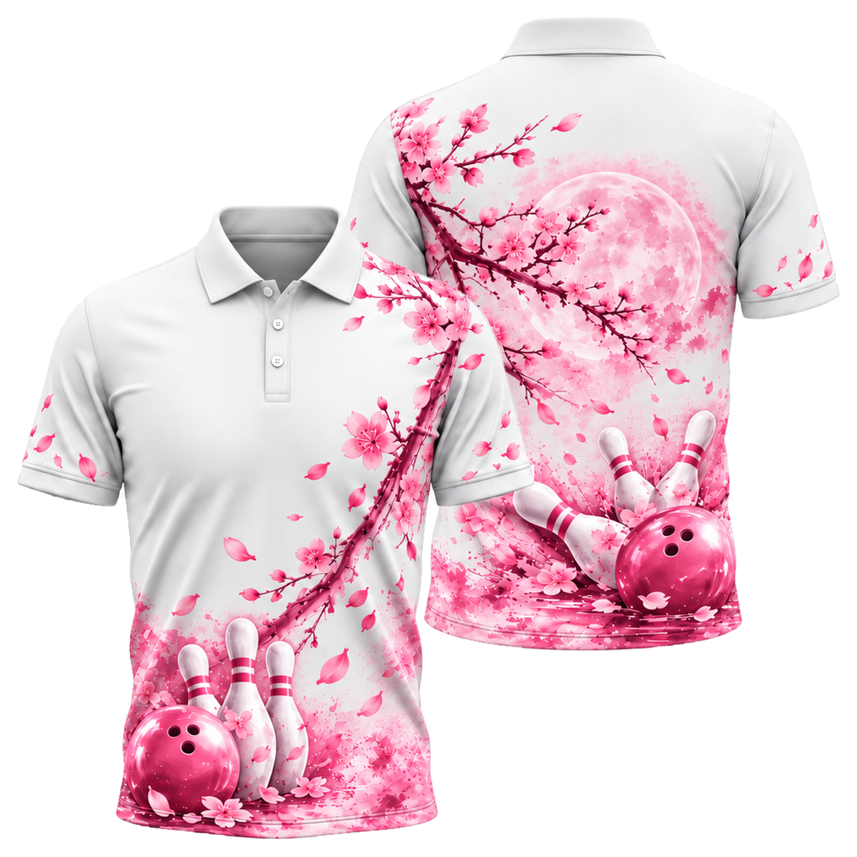 Moonlit Sakura Strike Unisex Polo in Pink & White