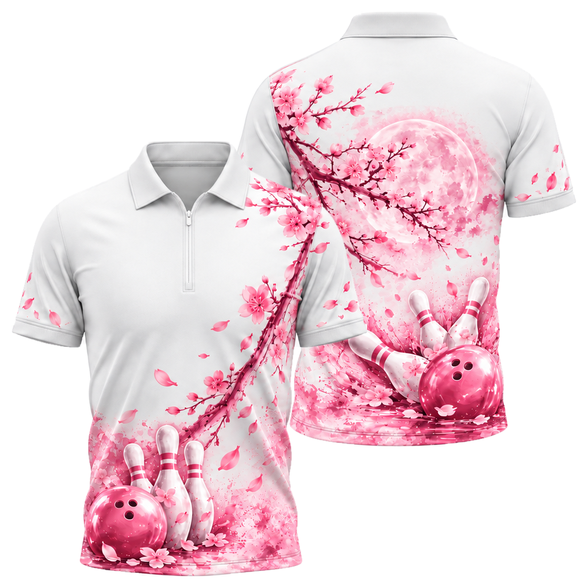 Moonlit Sakura Strike Quarter-Zip Polo in Pink & White