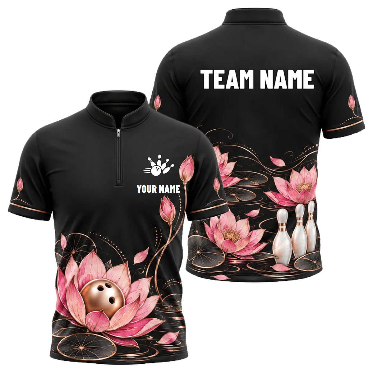Rose Gold Lotus Lanes custom bowling shirt personalized with name and team name
