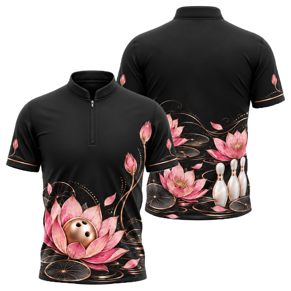 Rose Gold Lotus Lanes Bowling Jersey in Pink & Black