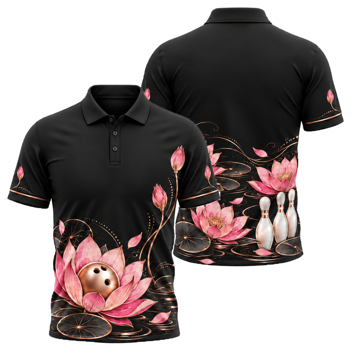 Rose Gold Lotus Lanes Unisex Polo in Pink & Black