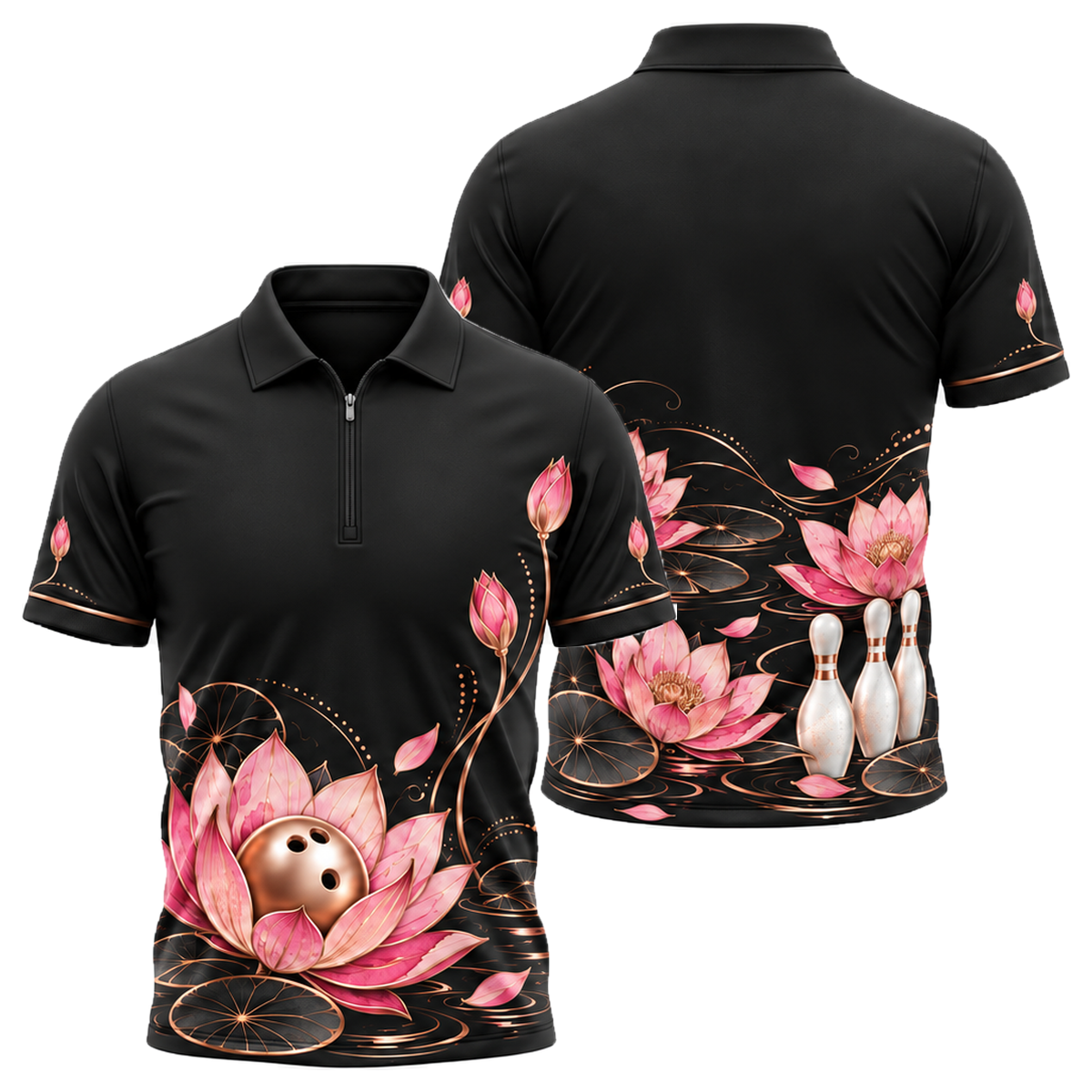 Rose Gold Lotus Lanes Quarter-Zip Polo in Pink & Black