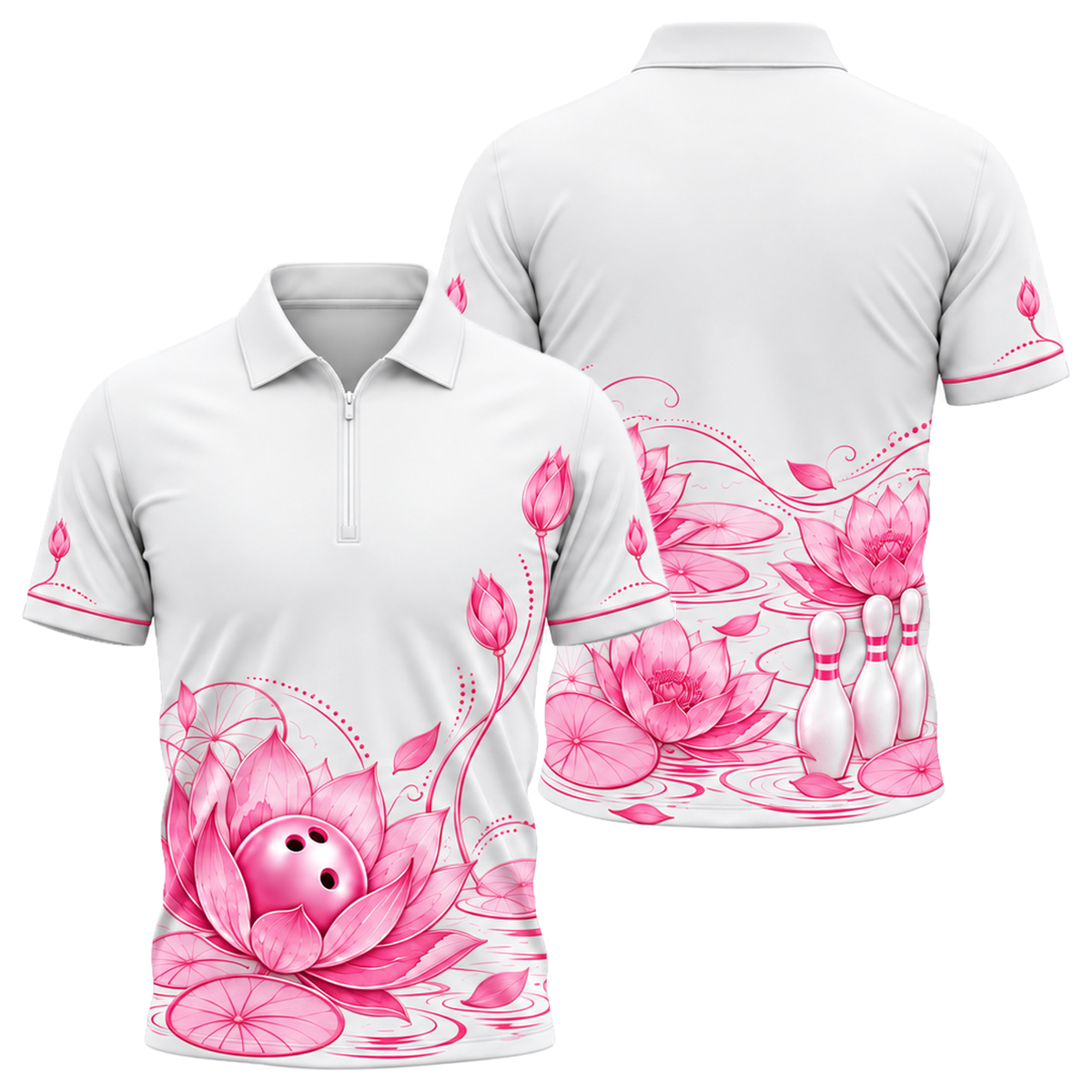 Rose Gold Lotus Lanes Quarter-Zip Polo in Pink & White