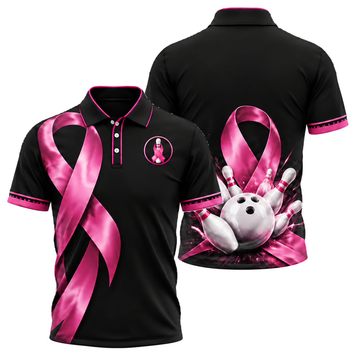 Satin Ribbon Strike Unisex Polo in Pink & Black