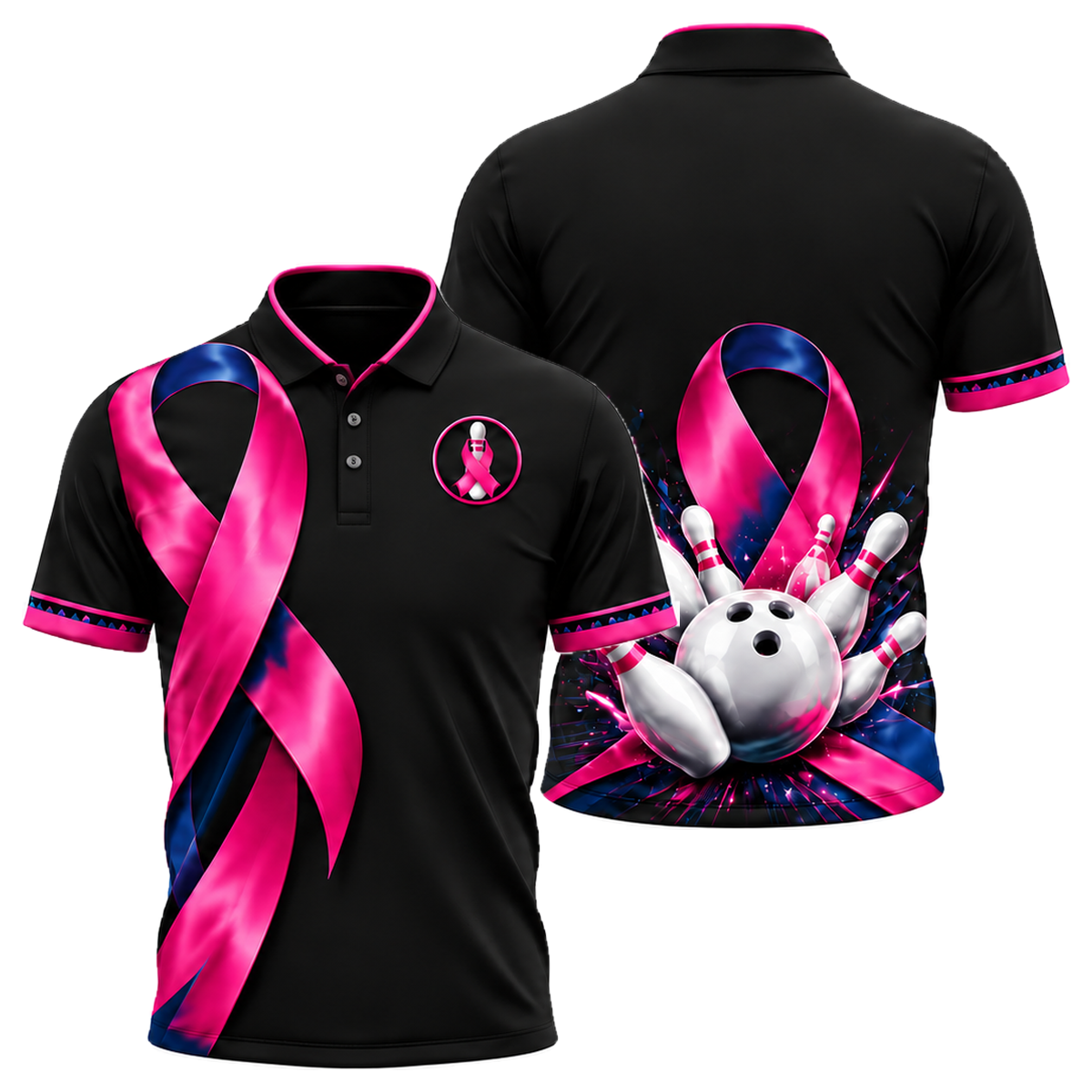 Satin Ribbon Strike Unisex Polo in Pink & Navy