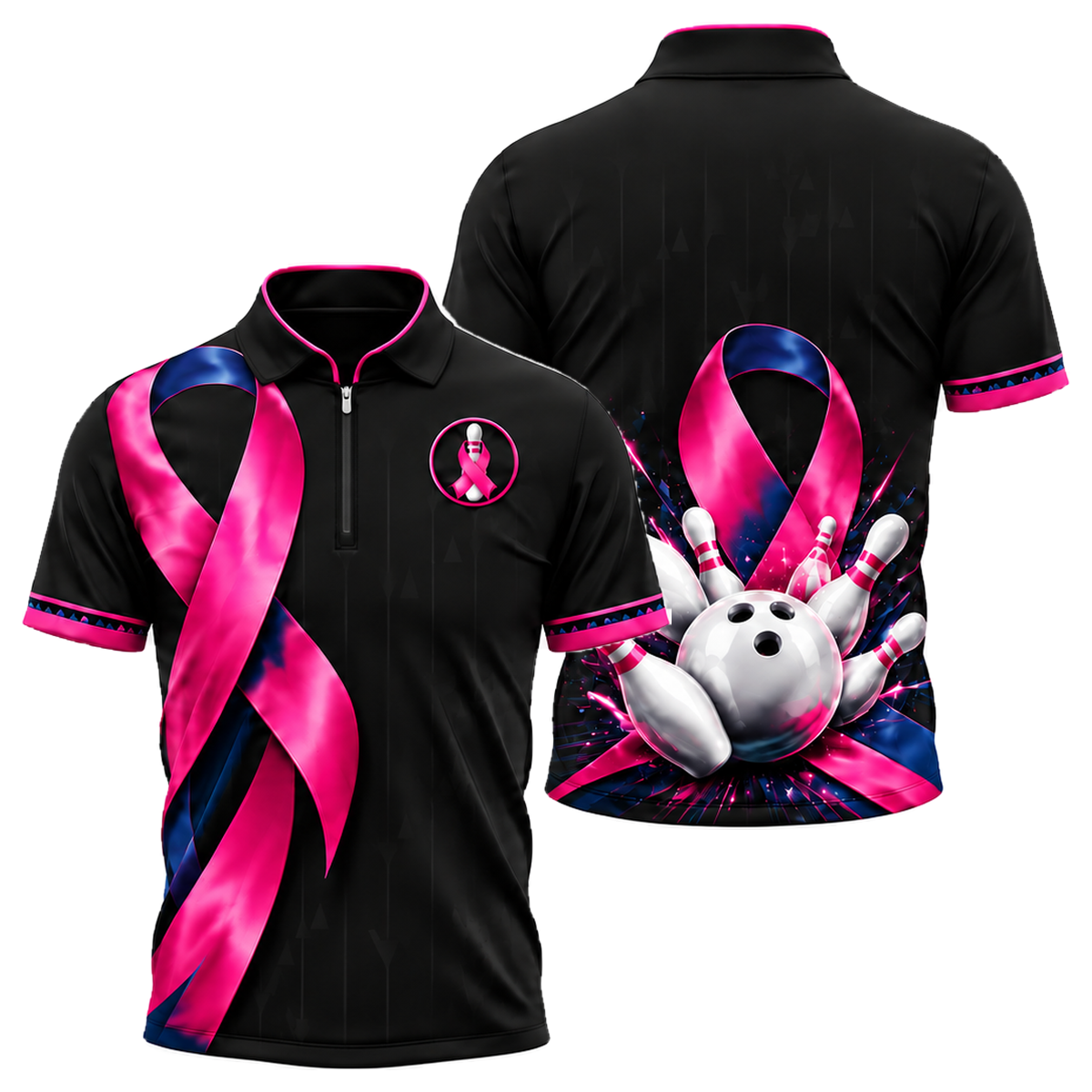 Satin Ribbon Strike Quarter-Zip Polo in Pink & Navy