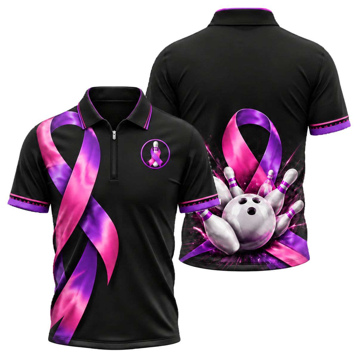 Satin Ribbon Strike Quarter-Zip Polo in Pink & Purple