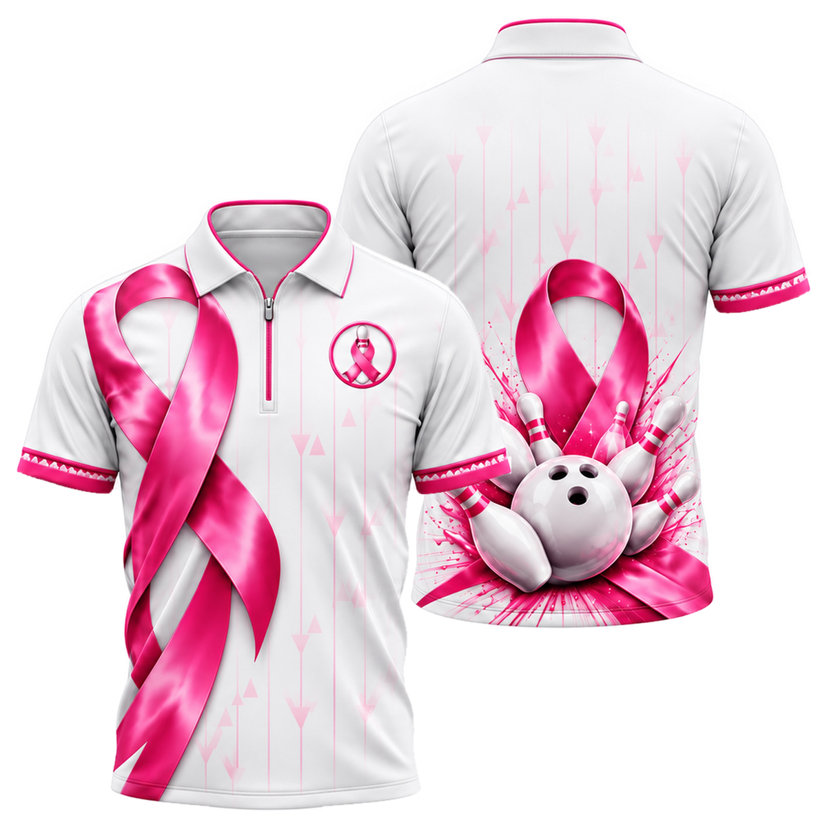 Satin Ribbon Strike Quarter-Zip Polo in Pink & White