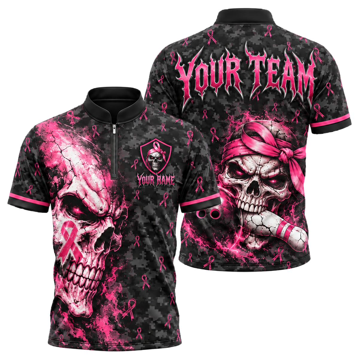 Pink Ribbon Skull Camo custom bowling shirt personalized with name and team name