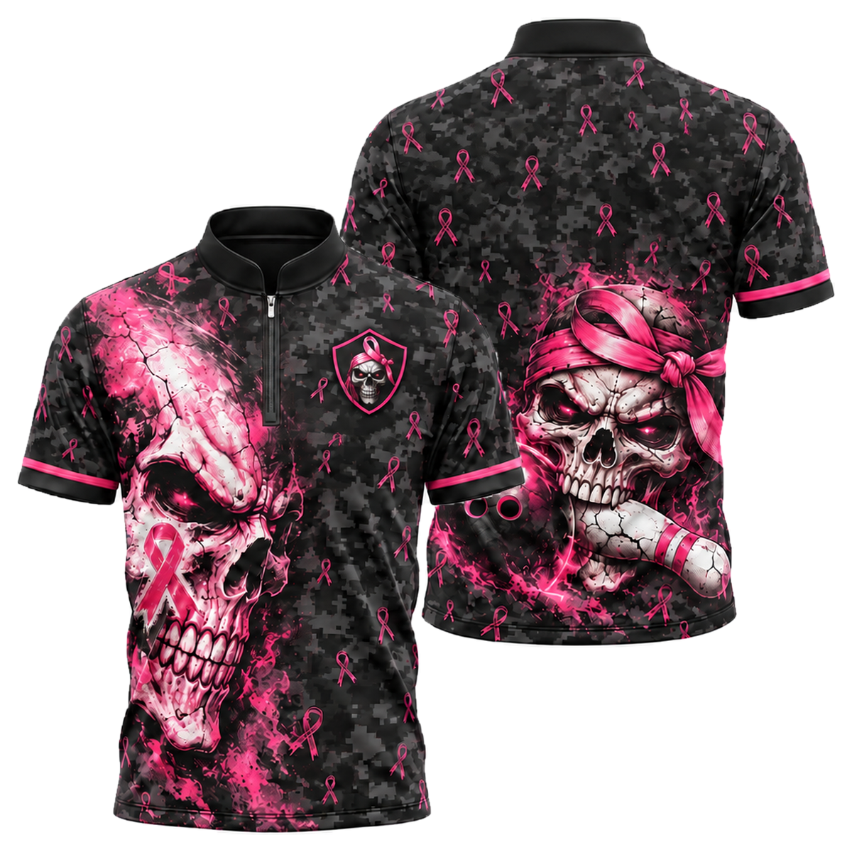 Pink Ribbon Skull Camo Bowling Jersey in Pink & Black