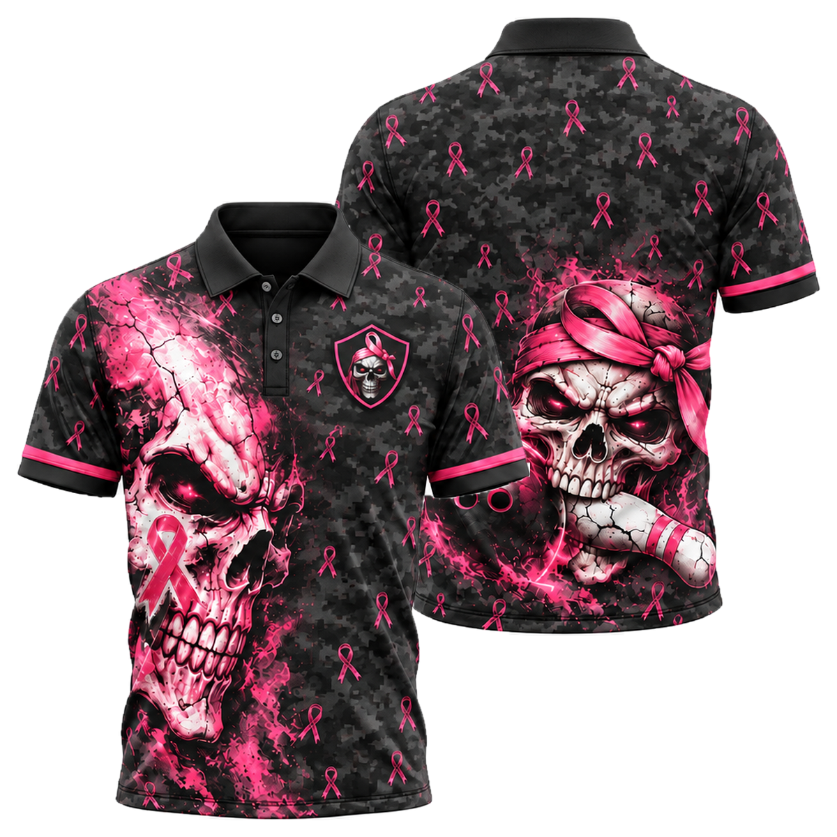 Pink Ribbon Skull Camo Unisex Polo in Pink & Black