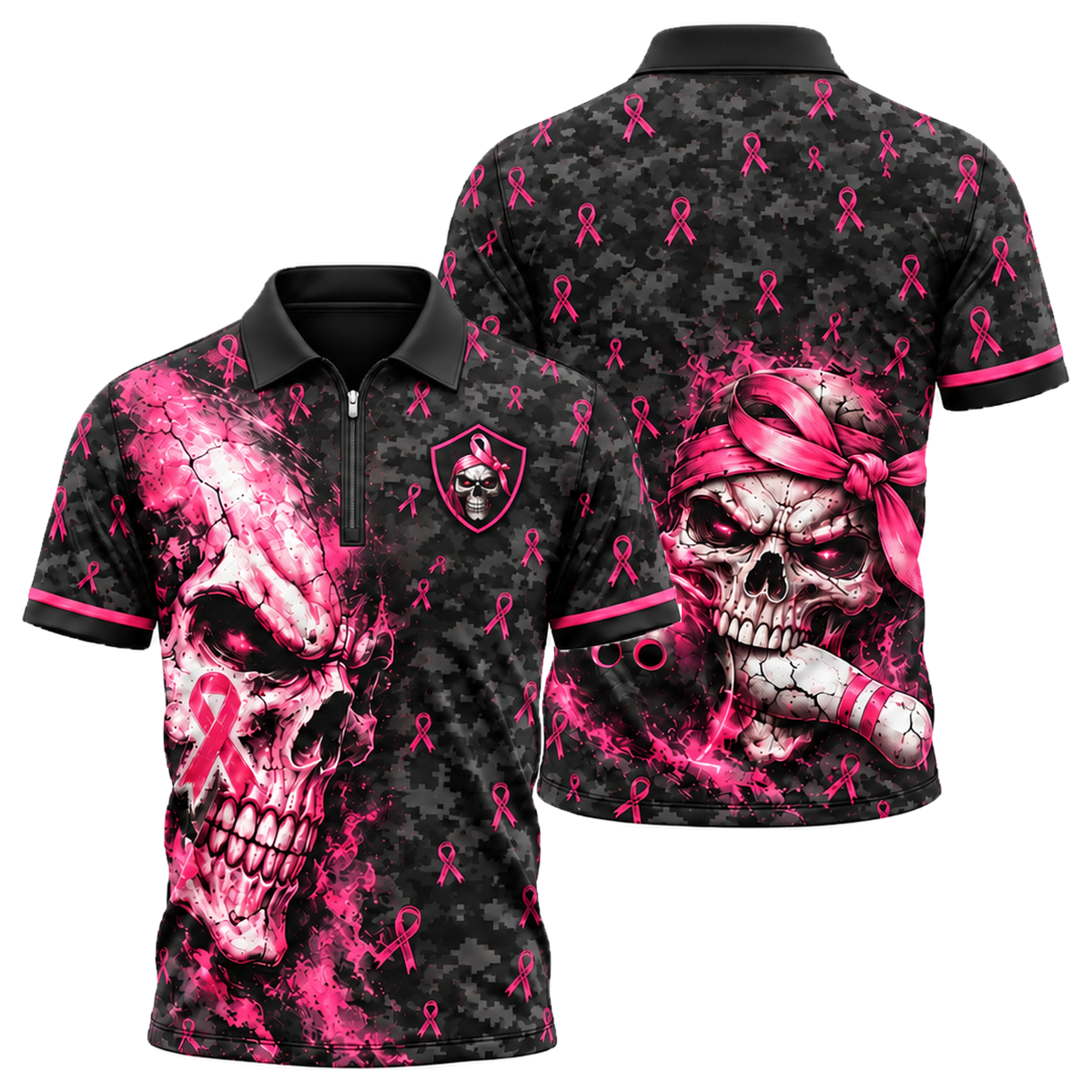 Pink Ribbon Skull Camo Quarter-Zip Polo in Pink & Black