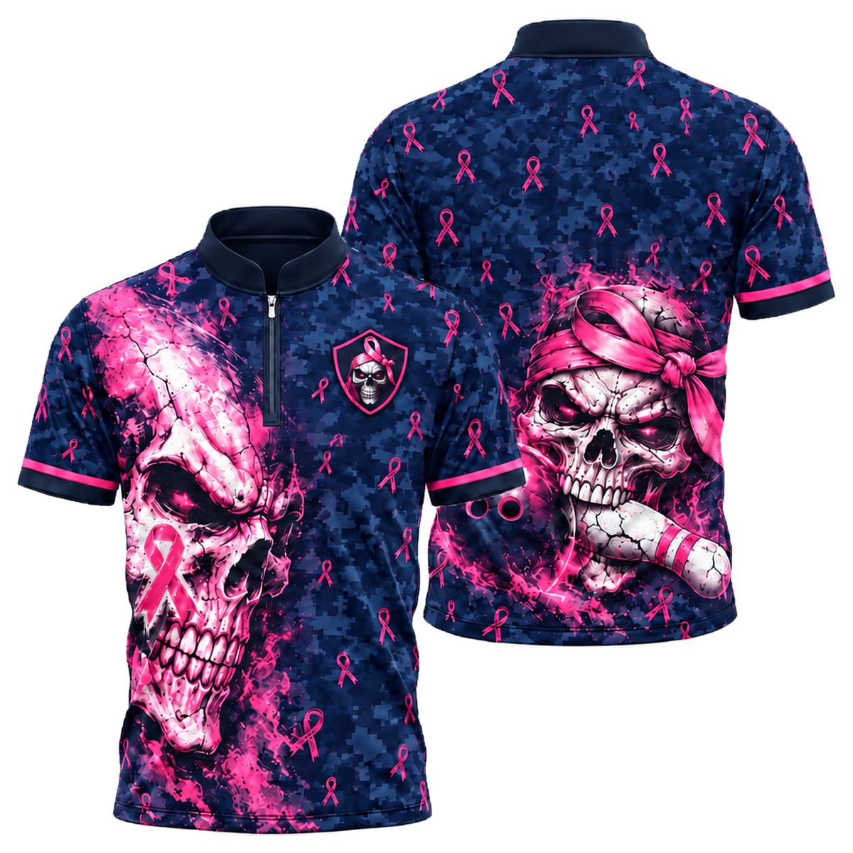 Pink Ribbon Skull Camo Bowling Jersey in Pink & Navy
