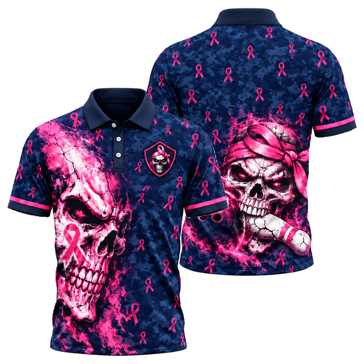 Pink Ribbon Skull Camo Unisex Polo in Pink & Navy