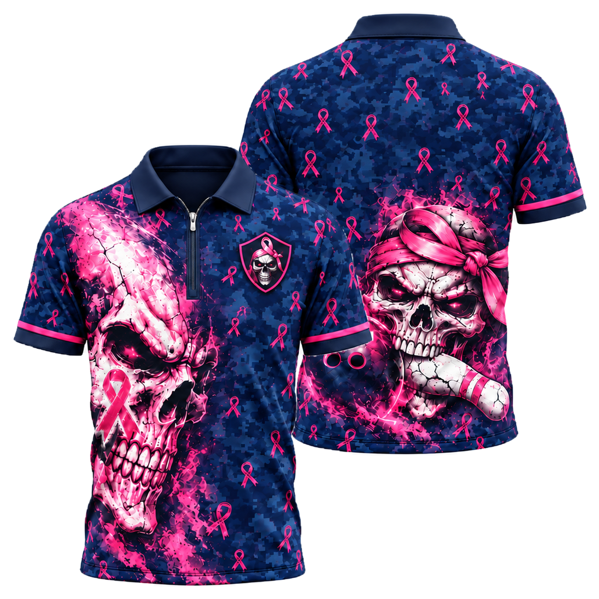Pink Ribbon Skull Camo Quarter-Zip Polo in Pink & Navy