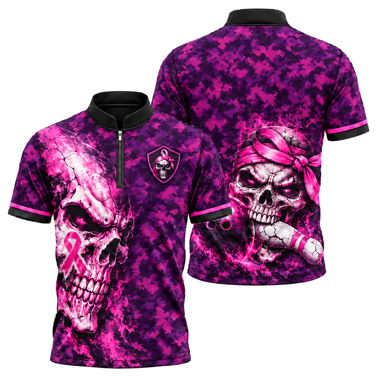 Pink Ribbon Skull Camo Bowling Jersey in Pink & Purple