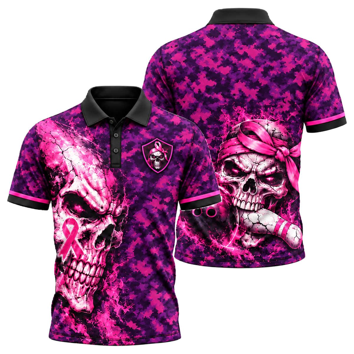 Pink Ribbon Skull Camo Unisex Polo in Pink & Purple