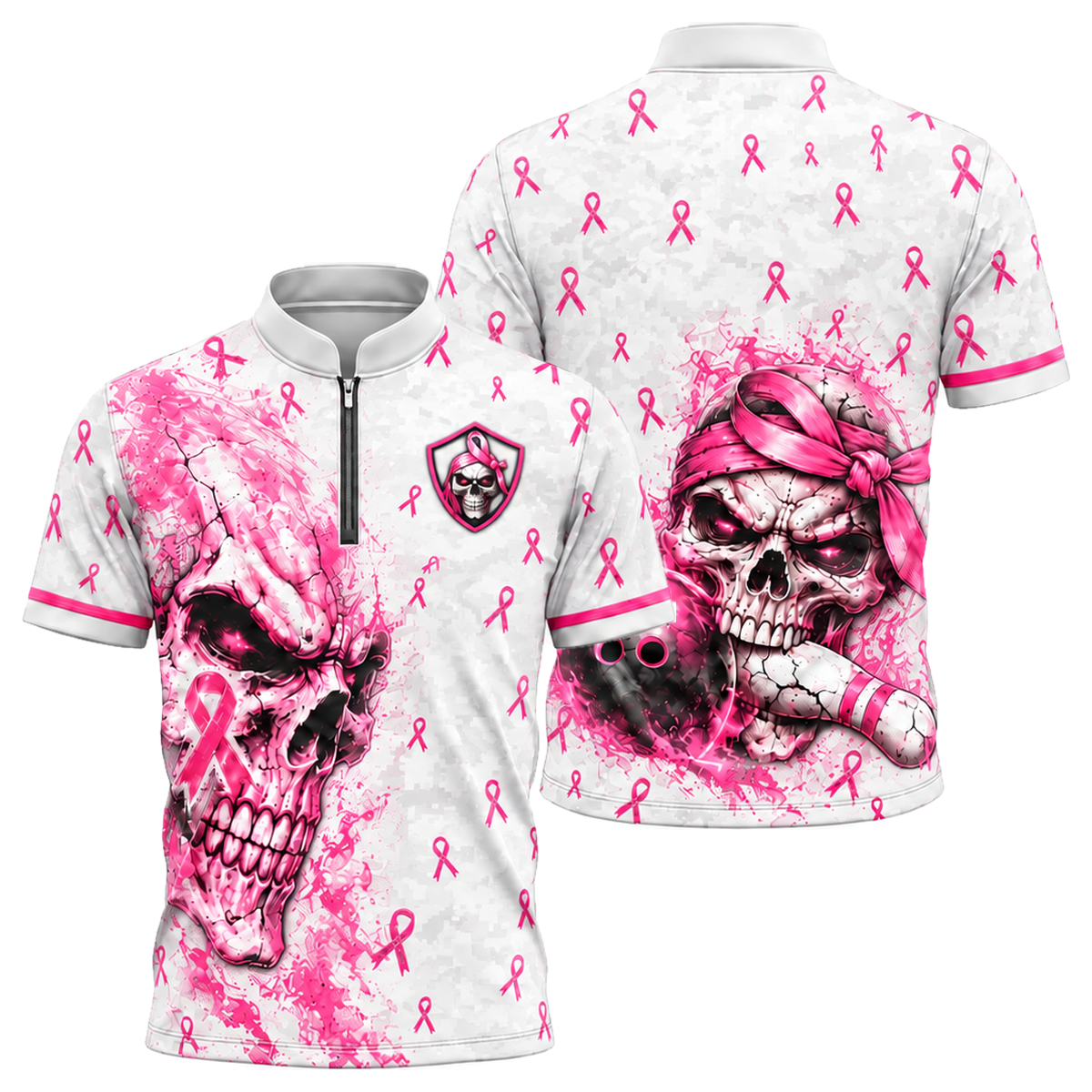 Pink Ribbon Skull Camo Bowling Jersey in Pink & White