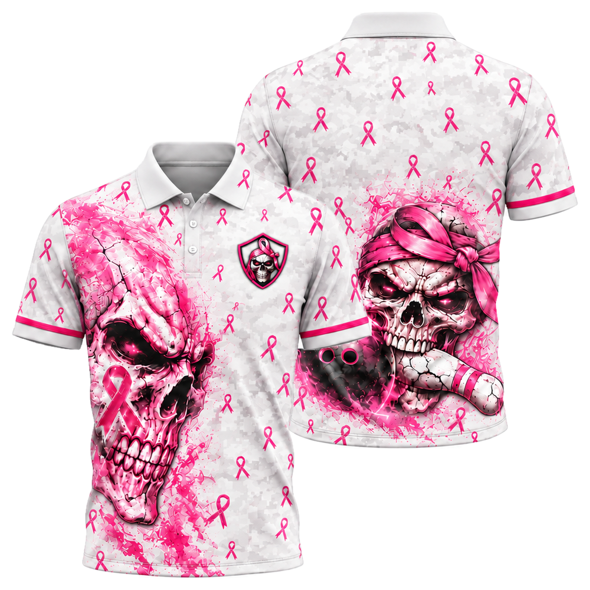 Pink Ribbon Skull Camo Unisex Polo in Pink & White