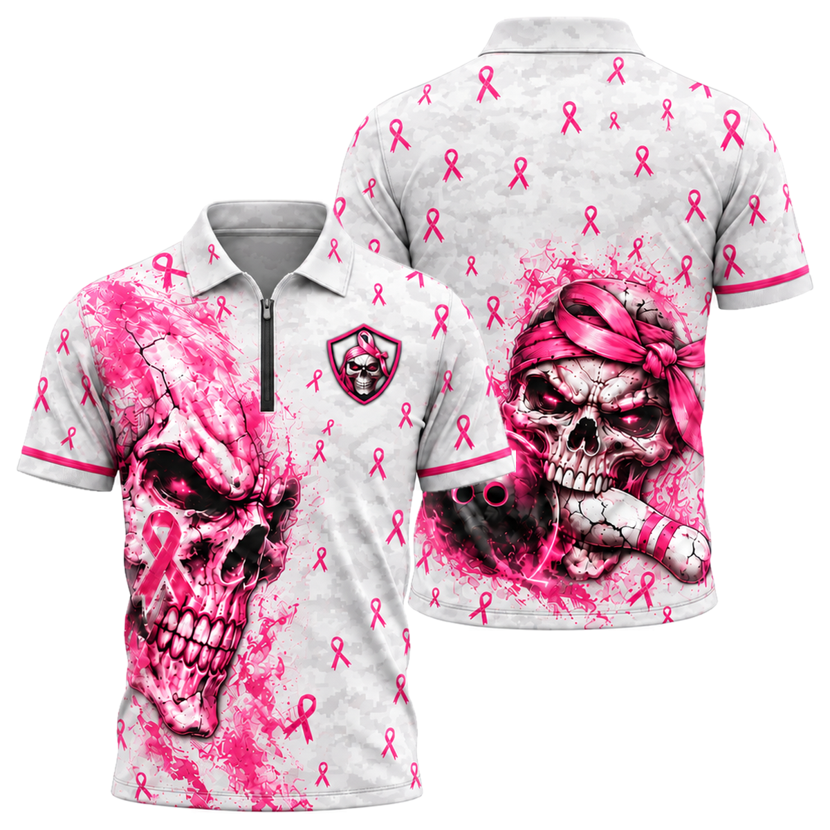 Pink Ribbon Skull Camo Quarter-Zip Polo in Pink & White