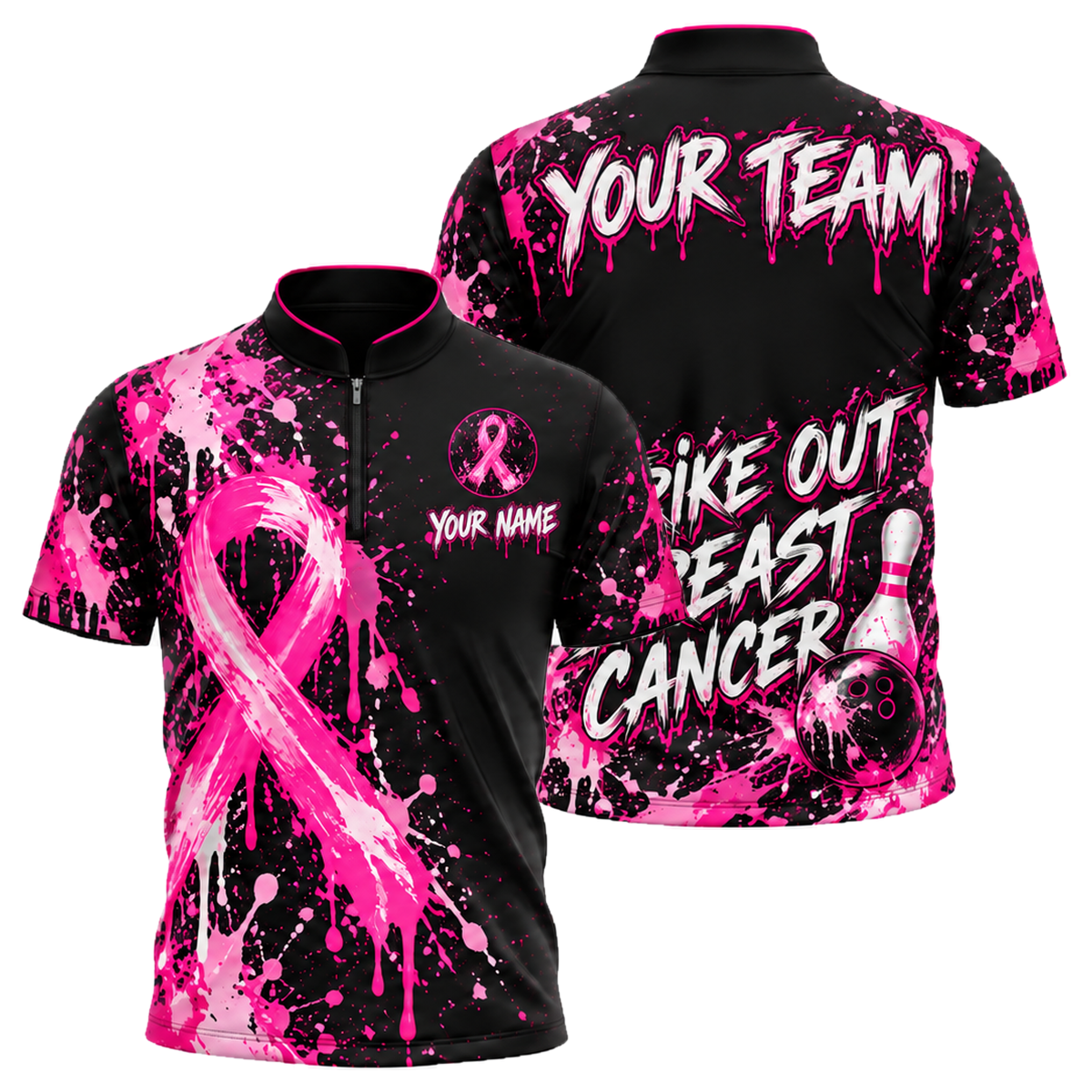 Strike Out Pink Splash custom bowling shirt personalized with name and team name