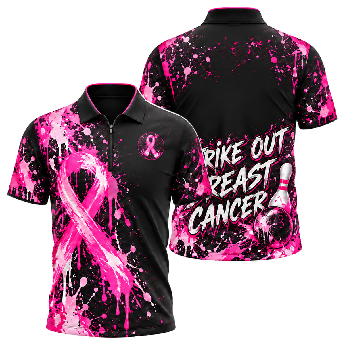 Strike Out Pink Splash Quarter-Zip Polo in Pink & Black
