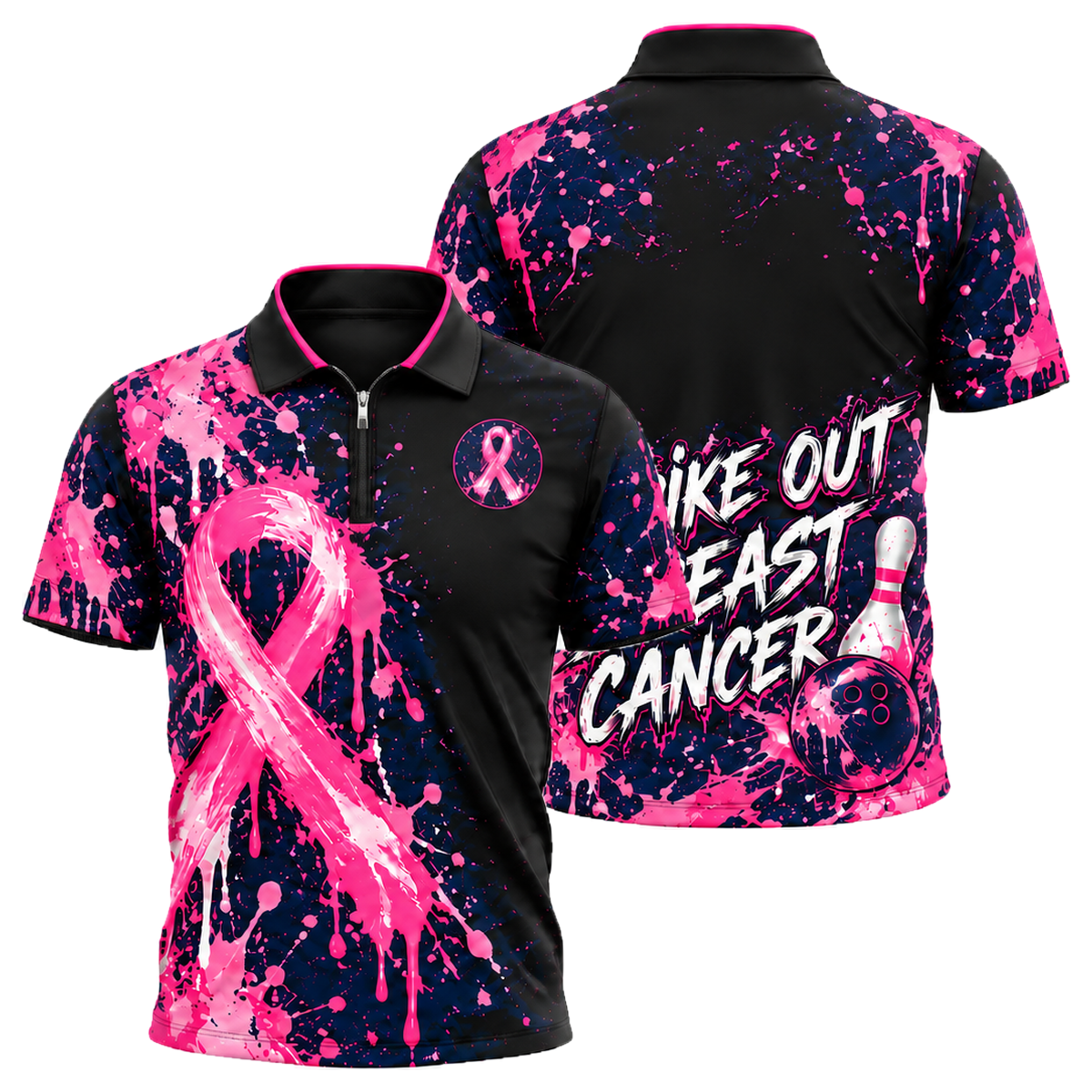 Strike Out Pink Splash Quarter-Zip Polo in Pink & Navy