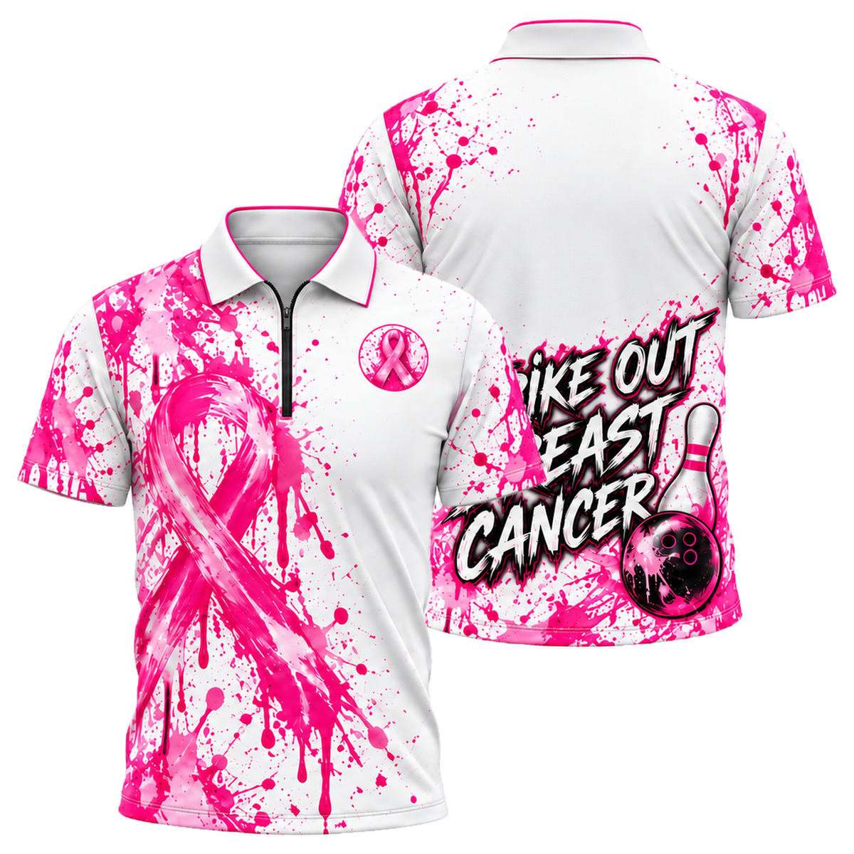 Strike Out Pink Splash Quarter-Zip Polo in Pink & White