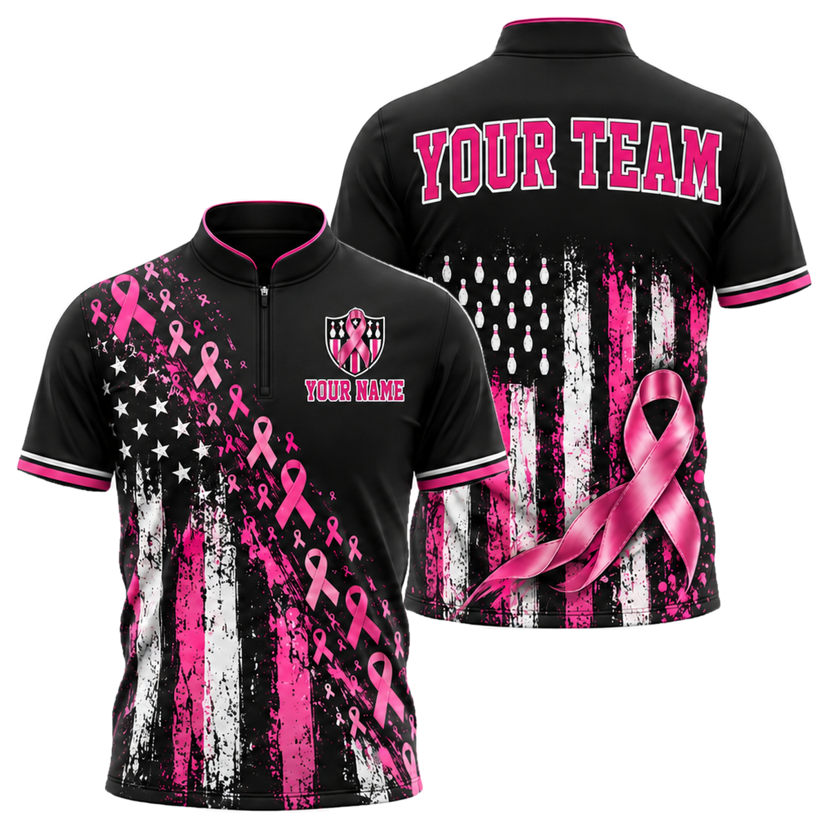 Pink Ribbon Old Glory custom bowling shirt personalized with name and team name
