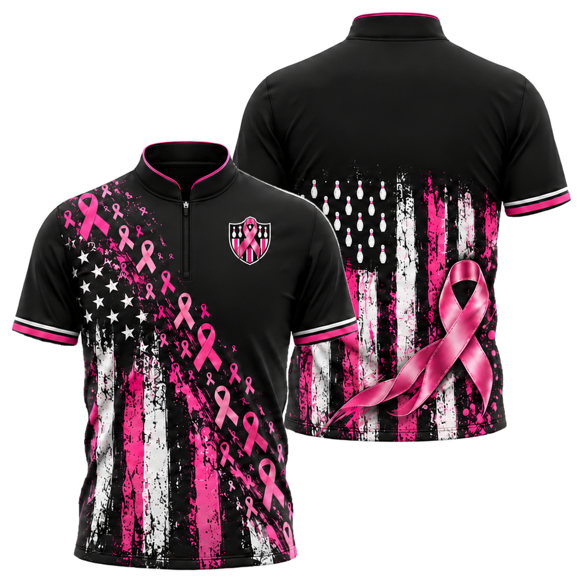 Pink Ribbon Old Glory Bowling Jersey in Pink & Black
