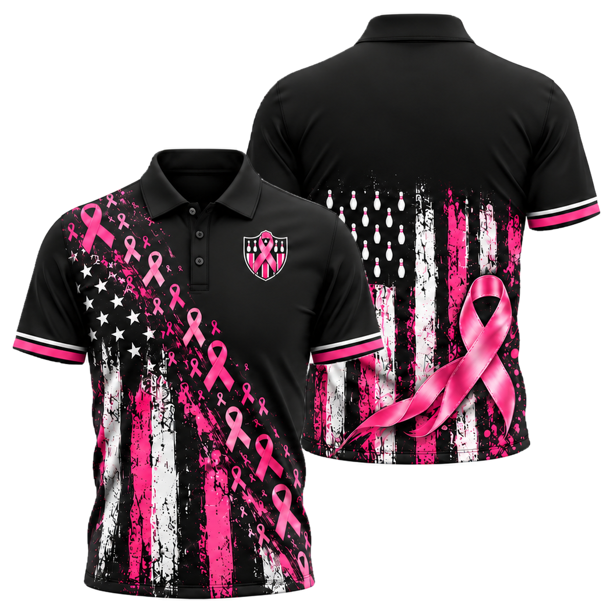 Pink Ribbon Old Glory Unisex Polo in Pink & Black