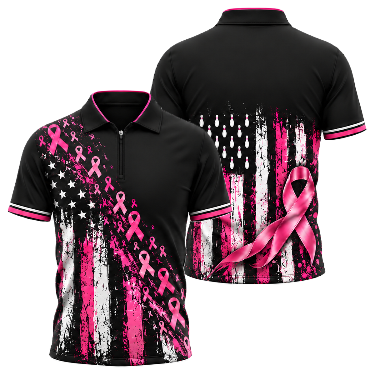 Pink Ribbon Old Glory Quarter-Zip Polo in Pink & Black