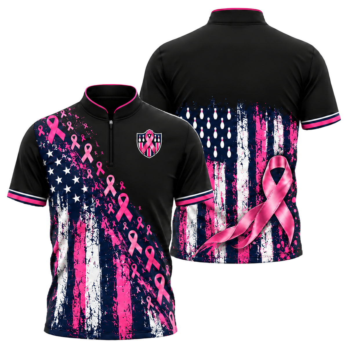 Pink Ribbon Old Glory Bowling Jersey in Pink & Navy